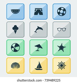 Summer Icons Set. Collection Of Melon, Conch, Parasol And Other Elements. Also Includes Symbols Such As Starfish, Star, Cream.