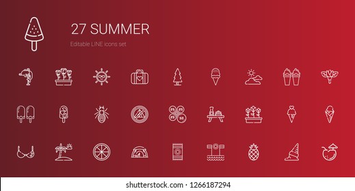 summer icons set. Collection of summer with pineapple, beach, beach towel, tent, orange, bra, tulips, table, petals, ant, popsicle, ice cream. Editable and scalable summer icons.