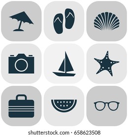 Summer Icons Set. Collection Of Ship, Sea Star, Spectacles And Other Elements. Also Includes Symbols Such As Shell, Citrus, Flop.
