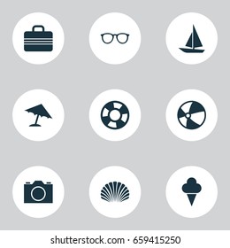 Summer Icons Set. Collection Of Ship, Video, Baggage And Other Elements. Also Includes Symbols Such As Sunglasses, Sea, Parasol.