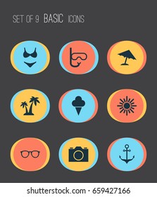 Summer Icons Set. Collection Of Sorbet, Sunny, Tube And Other Elements. Also Includes Symbols Such As Video, Sunglasses, Photo.