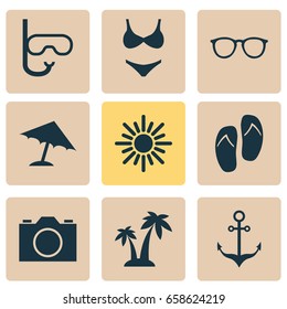 Summer Icons Set. Collection Of Spectacles, Armature, Video And Other Elements. Also Includes Symbols Such As Beach, Sunglasses, Palms.