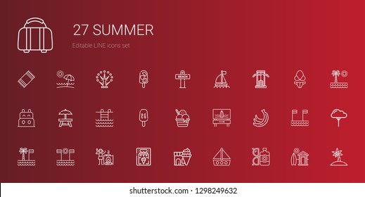 summer icons set. Collection of summer with sun lotion, boat, ice cream, ice cream machine, campfire, beach, palm tree, bananas, surfboard. Editable and scalable summer icons.