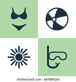 Summer Icons Set. Collection Of Sunny, Tube, Bikini And Other Elements. Also Includes Symbols Such As Bikini, Ball, Sunny.