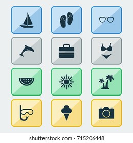 Summer Icons Set. Collection Of Sunny, Bikini, Mammal And Other Elements. Also Includes Symbols Such As Sunny, Citrus, Fish.