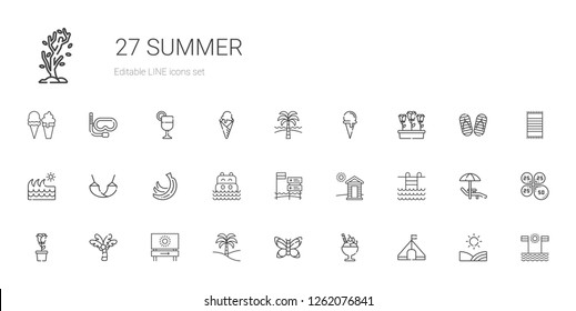 summer icons set. Collection of summer with tent, ice cream, butterfly, palm tree, beach, rose, swimming pool, cabin, sea, bananas, hammock. Editable and scalable summer icons.