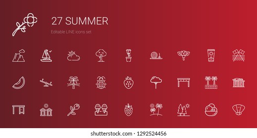 summer icons set. Collection of summer with trees, beach, strawberry, ice cream, rose, cabins, table, tree, ladybug, swing, melon, flower. Editable and scalable summer icons.