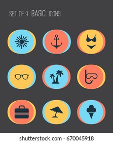 Summer Icons Set. Collection Of Trees, Sunny, Parasol And Other Elements. Also Includes Symbols Such As Trees, Suitcase, Hot.