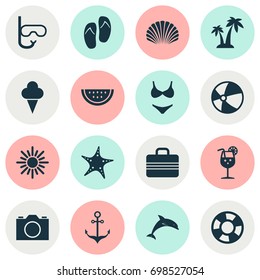 Summer Icons Set. Collection Of Trees, Sea Star, Sorbet And Other Elements. Also Includes Symbols Such As Sandals, Shell, Fish.