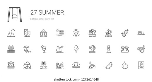 summer icons set. Collection of summer with watermelon, rainbow, sun umbrella, smore, palm tree, picnic, flowers, milkshake, cactus, cotton candy. Editable and scalable summer icons.