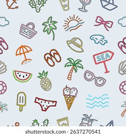 summer icons set. Colorful seamless summer pattern with hand-drawn tropical elements. Fun beach and vacation icons in flat cartoon style.  seamless pattern of summer vacation. 