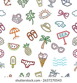 summer icons set. Colorful seamless summer pattern with hand-drawn tropical elements. Fun beach and vacation icons in flat cartoon style.  seamless pattern of summer vacation. 