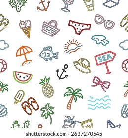 summer icons set. Colorful seamless summer pattern with hand-drawn tropical elements. Fun beach and vacation icons in flat cartoon style.  seamless pattern of summer vacation. 