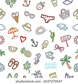 summer icons set. Colorful seamless summer pattern with hand-drawn tropical elements. Fun beach and vacation icons in flat cartoon style.  seamless pattern of summer vacation. 