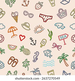 summer icons set. Colorful seamless summer pattern with hand-drawn tropical elements. Fun beach and vacation icons in flat cartoon style.  seamless pattern of summer vacation. 