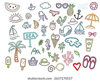 summer icons set. Colorful seamless summer pattern with hand-drawn tropical elements. Fun beach and vacation icons in flat cartoon style.  seamless pattern of summer vacation. 