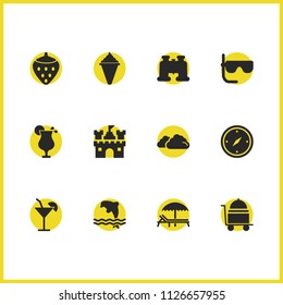 Summer icons set with compass, castle and overcast elements. Set of summer icons and snorkel concept. Editable vector elements for logo app UI design.