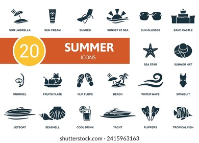 Iconos de verano. Iconos creativos: sombrilla, crema de sol, lecho de sol, puesta de sol en el mar, gafas de sol, castillo de arena, estrella del mar, sombrero de verano y más