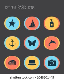 Summer icons set with dolphin, starfish, boat and other monarch elements. Isolated vector illustration summer icons.