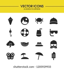 Summer icons set with drink, hook with float, landscape elements. Set of summer icons and geek concept. Editable vector elements for logo app UI design.