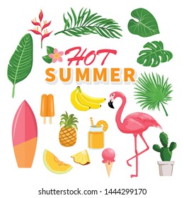 summer icons set, drinks, palm leaves, fruits and flamingo. Bright summertime poster. Collection of scrapbooking elements for beach party.