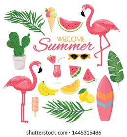 summer icons set, drinks, palm leaves, fruits and flamingo. Bright summertime poster. Collection of scrapbooking elements for beach party.