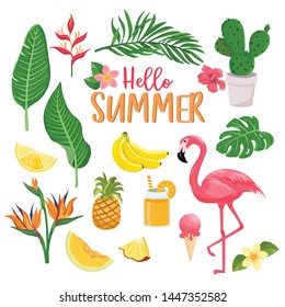 summer icons set, drinks, palm leaves, fruits and flamingo. Bright summertime poster. Collection of scrapbooking elements for beach party.