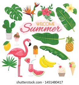 summer icons set, drinks, palm leaves, fruits and flamingo. Bright summertime poster. Collection of scrapbooking elements for beach party.