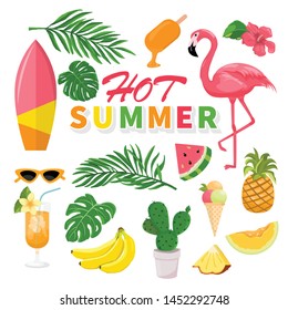 summer icons set, drinks, palm leaves, fruits and flamingo. Bright summertime poster. Collection of scrapbooking elements for beach party.