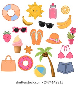 Conjunto de iconos de verano. Elementos de verano, pegatinas de verano lindos, iconos de vacaciones tropicales. Bola de playa, helado, sol, traje de baño, bolsa, sandalias, plátanos, flor, vasos, fresas. 