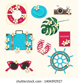 Summer icons Set with exotic palm leaves camera, hat, lifebuoy, passport, suitcase, flip flops, glasses, steering wheel, tropical flowers. Vector Summer design