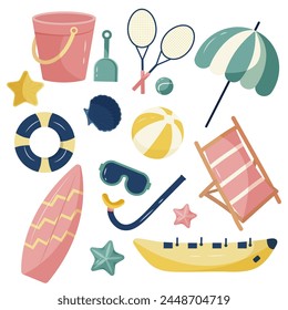 Summer icons set featuring various summer activities like swimming goggles, sun umbrella, ball and sports equipment like tennis racket. It is a vector illustration set.