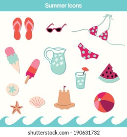 Summer Icons Set with Flip Flops, Ice Cream, Bathing Suit, Beach Ball, and Watermelon