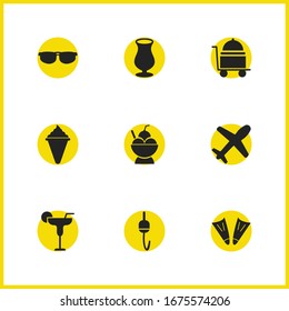 Summer icons set with flippers, ice cream and margarita elements. Set of summer icons and plane concept. Editable vector elements for logo app UI design.