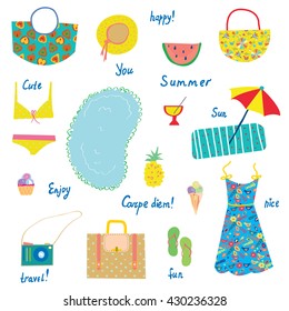 Summer icons set, funny design - for vacations, travel, joy. Vector illustration