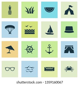 Summer icons set with grass, gulls, panama and other marine elements. Isolated vector illustration summer icons.