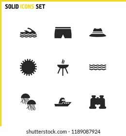 Summer icons set with grill, aqua wave and panama elements. Set of summer icons and sunshine concept. Editable vector elements for logo app UI design.