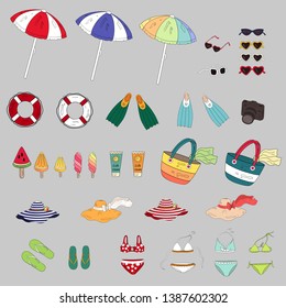 Summer icons set. Hand drawn objects. Isolated summer objects pack. Colorful holiday beach images. Closeup.