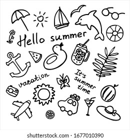 Summer icons set. Hand drawn collection. Summer elements and inscription It s summer time, hello summer, vacation