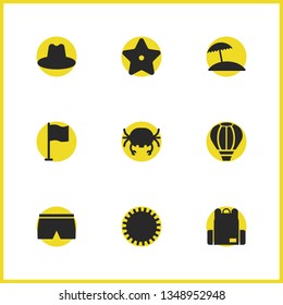 Summer icons set with hat, balloon and sun elements. Set of summer icons and swimming trunks concept. Editable vector elements for logo app UI design.