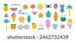 Summer icons set. Holiday beach elements for tropical vacation. Minimalist geometric style. Boat, surfboard, watermelon, lemon, seashell, photo camera, palm tree. Vector flat illustration.