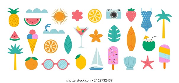 Conjunto de iconos de verano. Elementos de playa en Festiva para vacaciones tropicales. Estilo geométrico minimalista. Barco, tabla de surf, sandía, limón, concha, cámara de fotos, palmera. Ilustración plana de Vector.