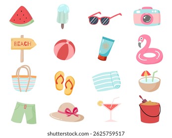 Summer icons set. Holiday beach elements for tropical vacation. Minimalist geometric style. watermelon, ice cream, sunglasses, photo camera, drug ring. Vector flat illustration.