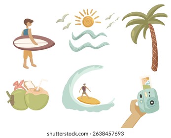 Summer icons set. Holiday beach elements for tropical vacation.  surfboard, summer, photo camera, coconut, surfing, sun, wave, birds, palm tree. Vector flat illustration.