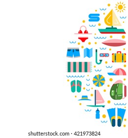 Summer icons set for summer holiday and travel. Summer icon on the theme of summer, travel, trekking, vacation, weekend beach. Summer icons flat, outline. Icon summer time. Summer icons for design. 
