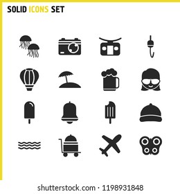 Summer icons set with hook with float, aqua wave and woman with glasses elements. Set of summer icons and rod concept. Editable vector elements for logo app UI design.