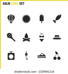 Summer icons set with hook with float, water bike and balloon elements. Set of summer icons and lotion concept. Editable vector elements for logo app UI design.
