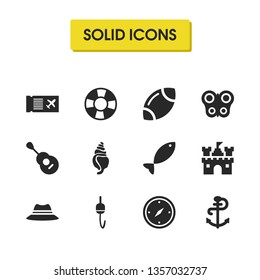 Summer icons set with hook with float, seashell and ticket elements. Set of summer icons and moth concept. Editable vector elements for logo app UI design.