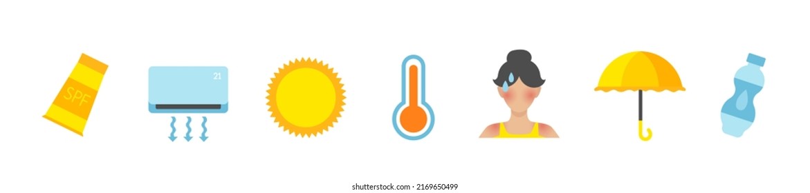 Summer icons set. How to protect yourself from heat and sun. Set of icons isolated on white background. Vector color clipart.