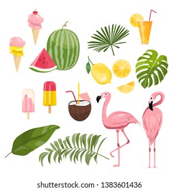 summer icons set, ice cream, drinks, palm leaves, fruits and flamingo. Bright summertime poster. Collection of scrapbooking elements for beach party.